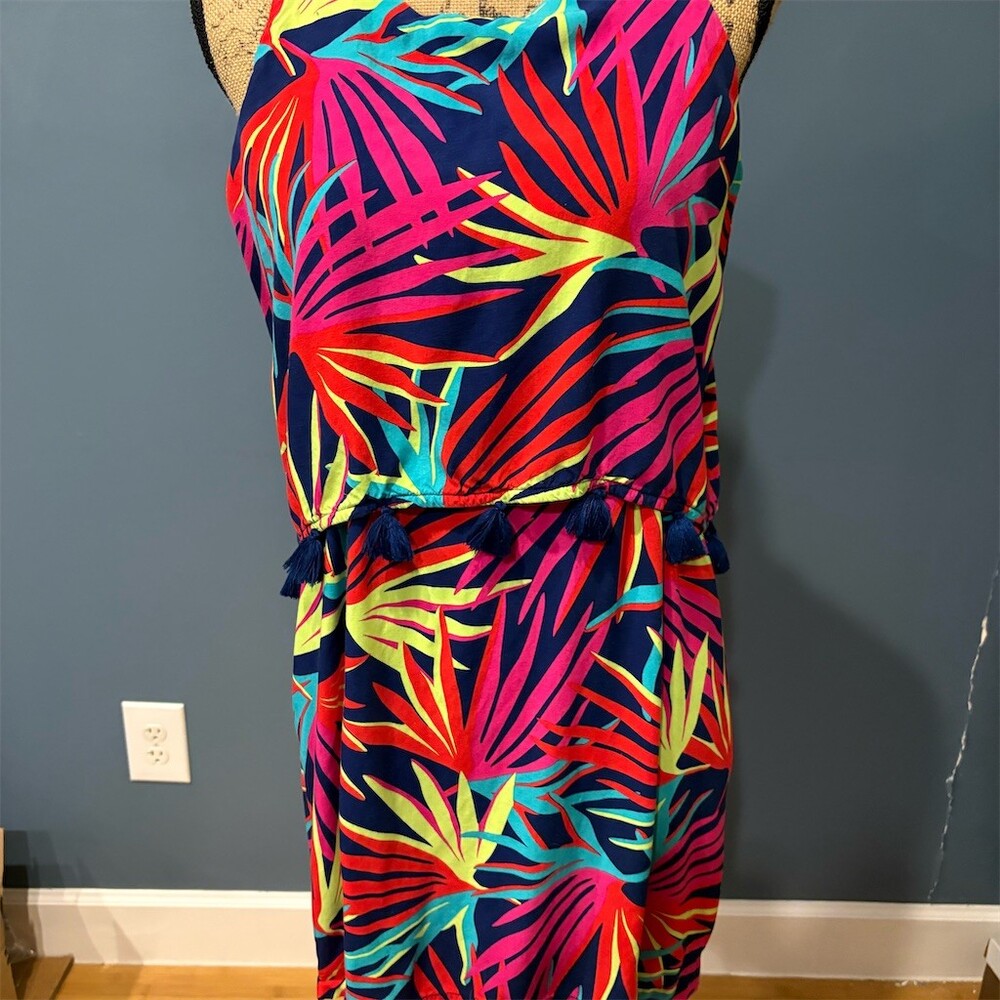 Escapada Living Sun Dress Womens M Tropical Palm Leaf Sleeveless Tassel